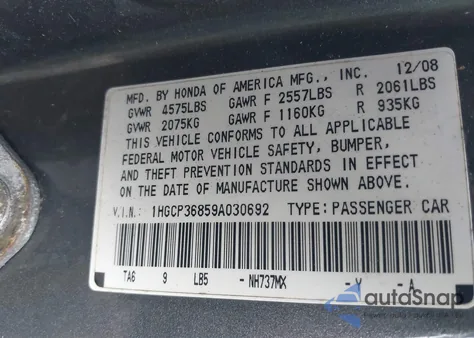 2009 Honda Accord 3.5 Ex-L from USA, damaged, VIN 1HGCP36859A030692